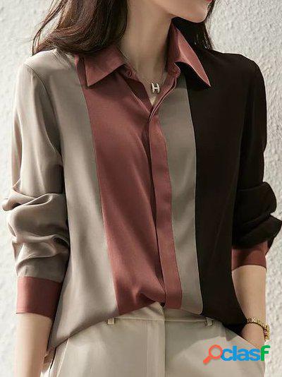 Satin Multicolore Casuale Colletto a Camicia Camicetta