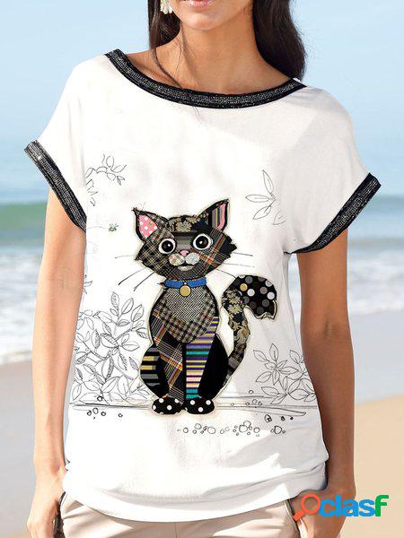 Sciolto Gatto Caldo foratura Girocollo Casuale Camicia