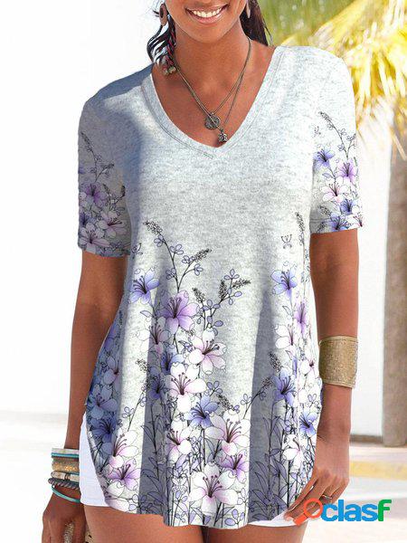 Scollo a V Casuale Sciolto Floreale tunica T-shirt