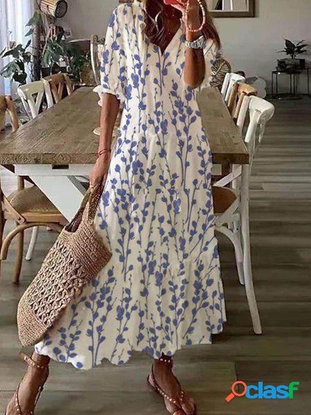 Scollo a V Sciolto Blu Floreale Casuale Abito