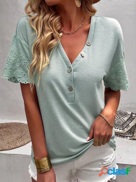 Scollo a V Tinta unita Casuale Jersey Camicia