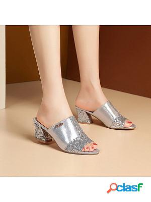 Sequined Fish Mouth Thick Heel Comfortable High Heel