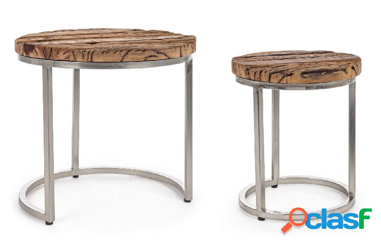 Set da 2 Tavolino tondo con base in acciaio piano in legno