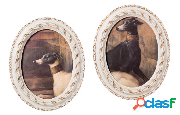 Set da 2 quadri ovali classici coppia cani stile shabby cm
