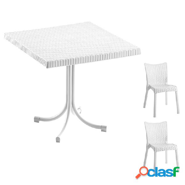 Set tavolo 80x80cm+2 sedie da giardino polipropilene bianco