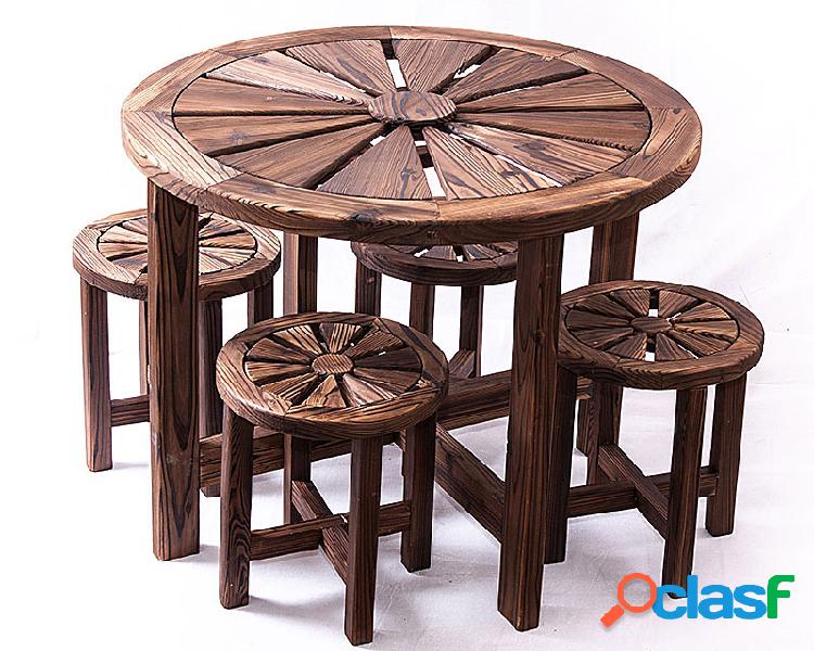 Set tavolo tondo e 4 sgabelli in legno da giardino