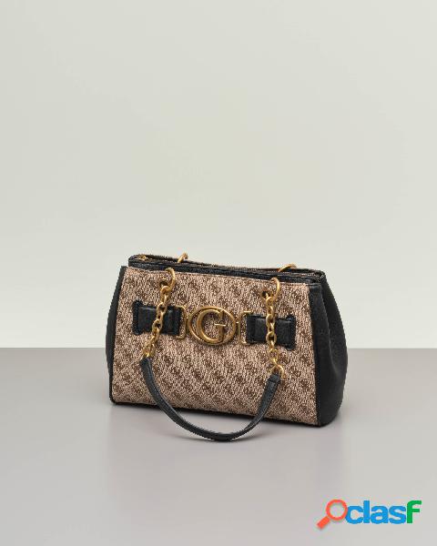 Shopping bag in similpelle nera con rivestimento su fronte e