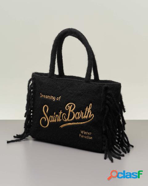Shopping nera in misto lana cotta e alpaca con scritta logo