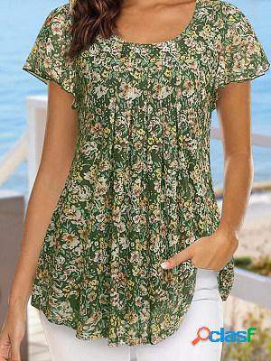 Short Sleeves Round Neck Printed Casual Blouse