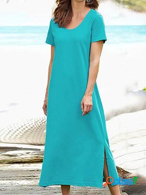 Short Sleeves Round Neck Slit Maxi Dress