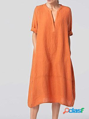 Short Sleeves Solid V Neck Linen Midi Dress