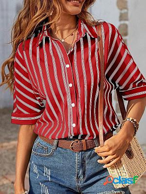 Short Sleeves Stripes Buttoned Casual Blouse