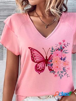 Short Sleeves V Neck Printed Casual T-shirt