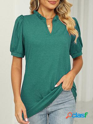 Short Sleeves V Neck Solid Casual T-shirt