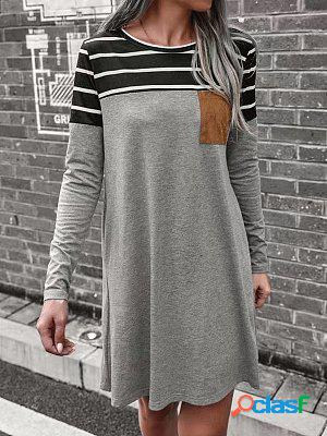 Simple Loose Striped Pocket Panel Long Sleeve Short Dress