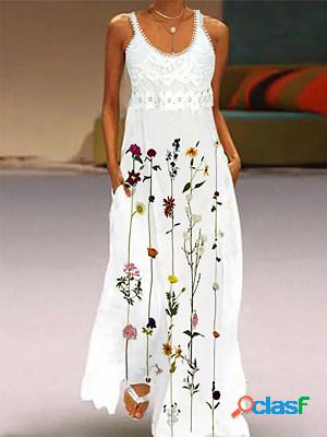 Sleeveless Lace Paneled Round Neck Printed Maxi Dress