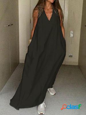 Sleeveless V Neck Swing Maxi Dresses