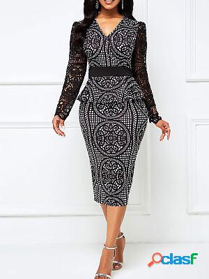 Slim High Waist Lace Print Panel Bodycon Dresses