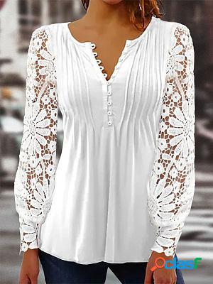 Solid Casual Patchwork Lace Notched Tunic Long sleeve