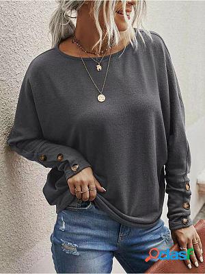 Solid Color Button-trimmed Round Neck Long-sleeved T-shirt