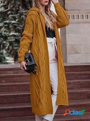 Solid Color Hooded Sweater Twist Knit Cardigan