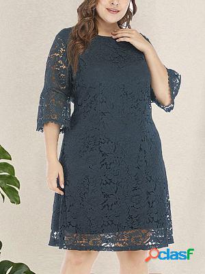 Solid Color Lace Mid Sleeve Loose Shift Dresses
