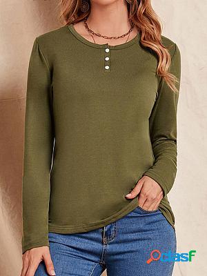 Solid Color Loose Round Neck Long Sleeve T-shirt