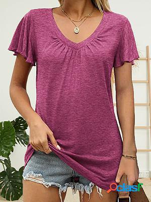 Solid Color Pleated V-neck Ruffled Sleeves Loose