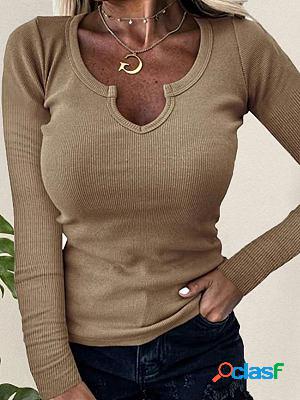 Solid Color V Neck Shirt Tight Slim Knitted Long Sleeve