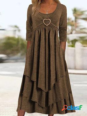 Solid Color Waisted Heart Decoration Layer Cake Casual Maxi