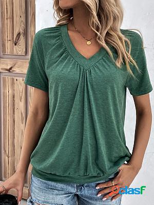 Solid Short Sleeves V Neck Casual T-shirt