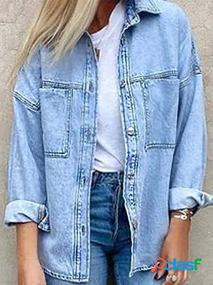 Solid Single Breasted Long Sleeve Denim Coats