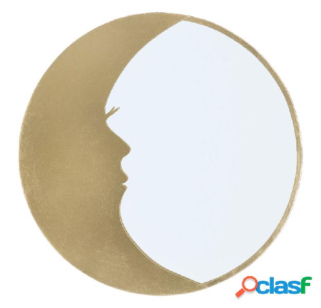 Specchio da parete tondo con sagoma luna in metallo dorato