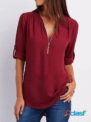 Spring Summer Polyester Women V-Neck Zips Plain Roll-Up