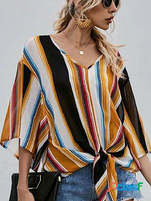 Striped Loose V-neck Trumpet Sleeve Strap Ol Temperament