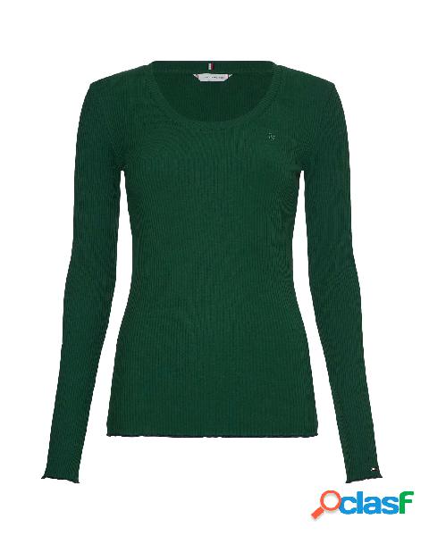 T-shirt a manica lunga verde in cotone stretch a costine con