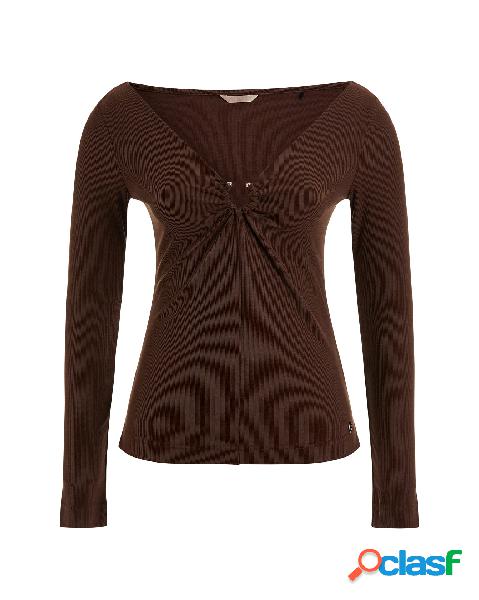 T-shirt a maniche lunghe color testa di moro a costine con