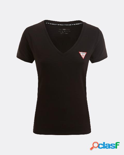 T-shirt con scollo a V nera in cotone stretch con stampa