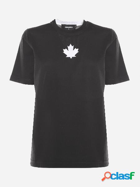 T-shirt in cotone con stampa canadian leaf a contrasto