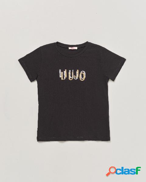 T-shirt nera mezza manica in cotone stretch con scritta logo