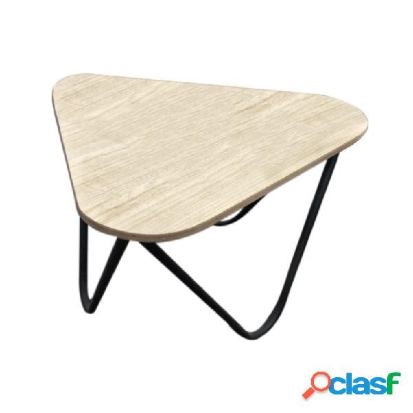 Tavolino basso triangolare con piano in legno e base in