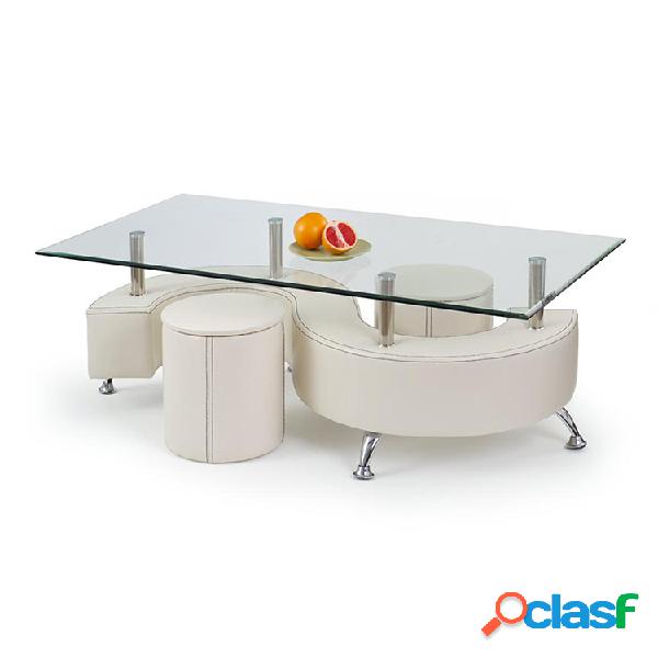 Tavolino da salotto con pouf 130x70cm vetro bianco acciaio