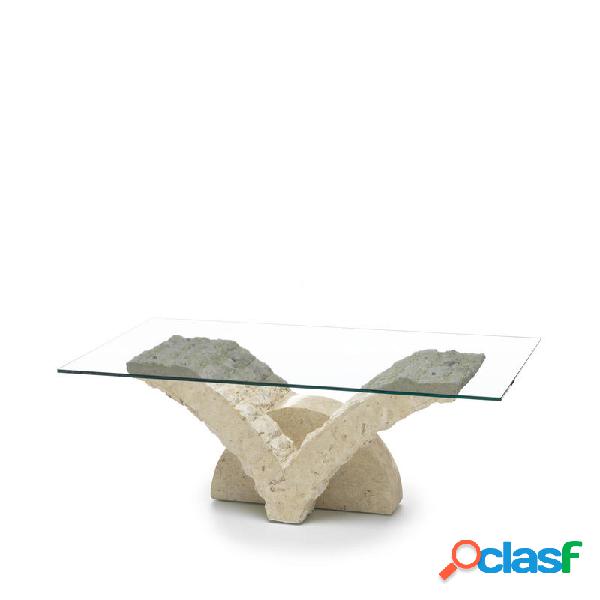 Tavolino da salotto piano rettangolare in vetro base pietra