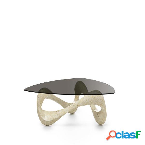 Tavolino design con base in pietra fossile piano in vetro cm