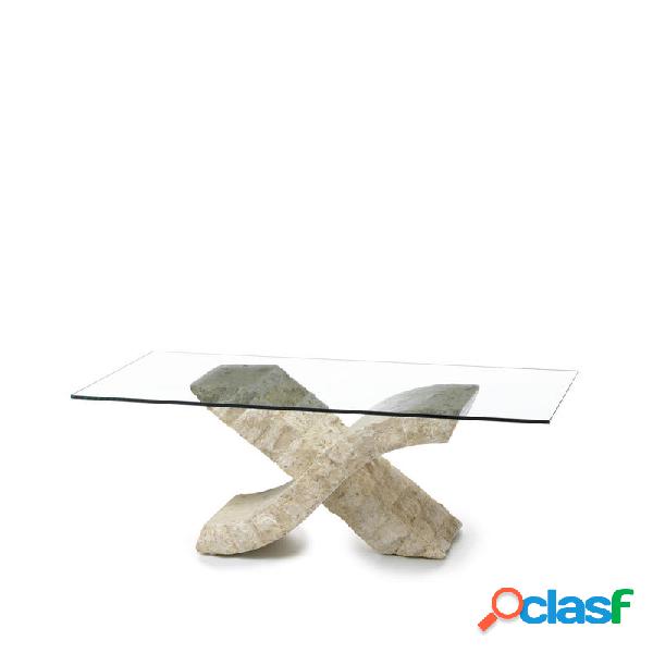 Tavolino moderno rettangolare base in pietra piano in vetro