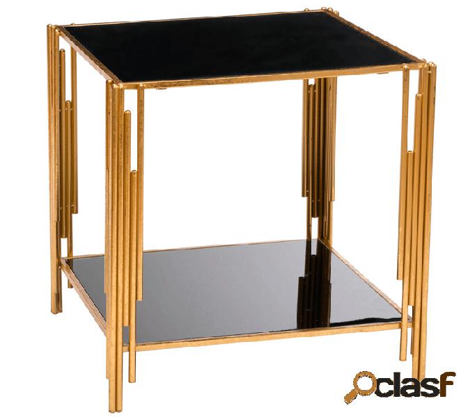 Tavolino quadrato da salotto in metallo oro e vetro nero cm
