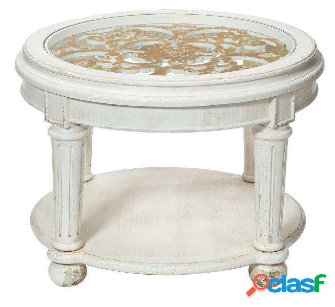 Tavolino tondo in legno stile shabby colore bianco e