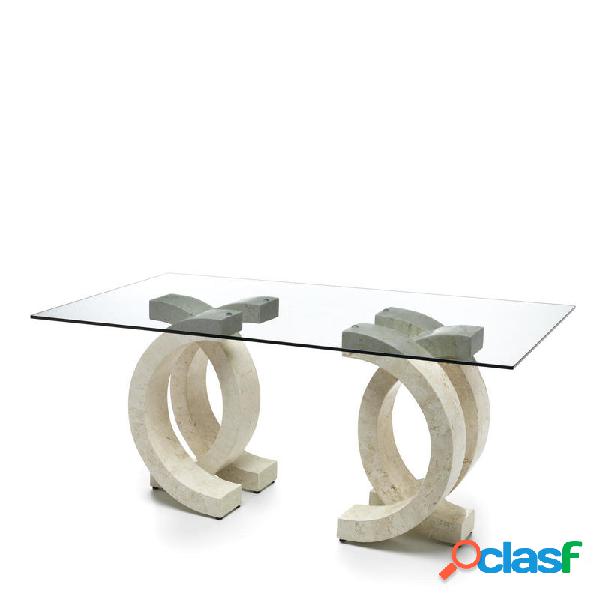 Tavolo design base in pietra fossile e vetro trasparente cm