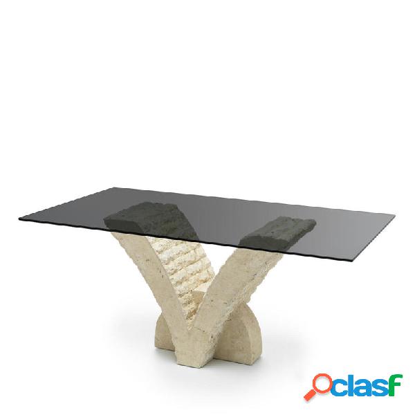 Tavolo design da salotto base in pietra fossile piano in