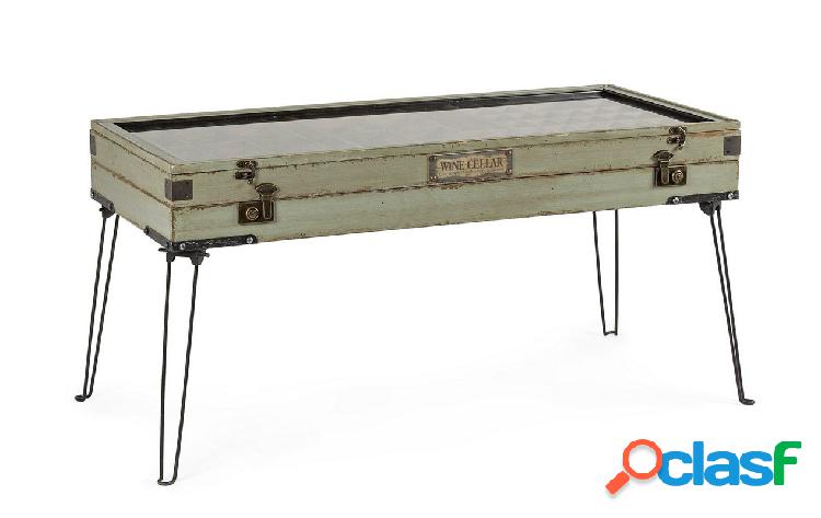 Tavolo espositore in metallo e legno con piano in vetro